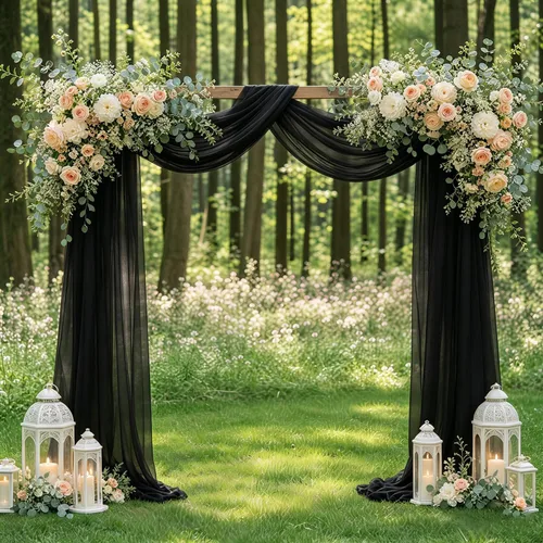 Vista 6 de Tela drapeada para arco de boda de 20 pies, 1 panel de cortinas de boda para arco largo negro, paneles de telón de fondo transparente de tela