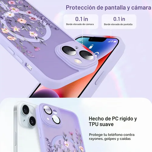 Vista 4 de Funda magnética mejorada de 6.7 pulgadas para iPhone 14 Plus con protector de pantalla [compatible con MagSafe] bonito diseño de patrón floral