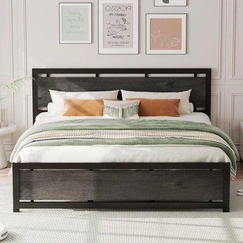 Vista 16 de LIKIMIO Base de cama tamaño King con cabecero y estribo Negro
