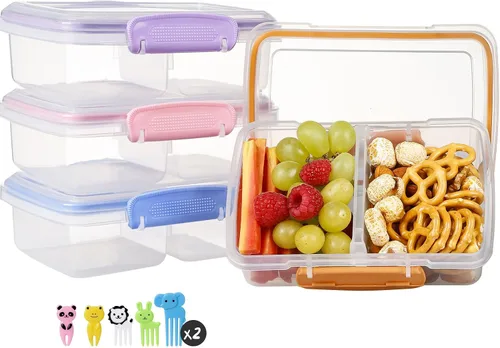 Vista 10 de Paquete de 4 recipientes de plástico para aperitivos con tapas, contenedor de alimentos de 2 compartimentos para caja de aperitivos para niños