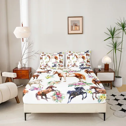 Vista 4 de Sábana bajera ajustable de caballo, sábanas de flores de animales de granja, tamaño individual para niños, adolescentes, adultos, dormitorio, juego