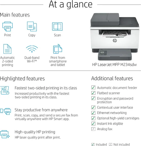 Vista 3 de HP LaserJet MFP M234sdw Impresora inalámbrica monocromática todo en uno con Ethernet integrado e impresión rápida de 2 caras, lista para tinta