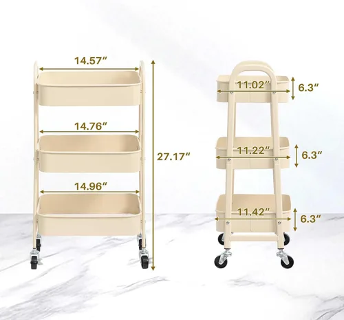 Vista 4 de AGTEK Carrito de maquillaje, Carrito organizador móvil rodante,Carrito utilitario de metal de 3 niveles, Beige