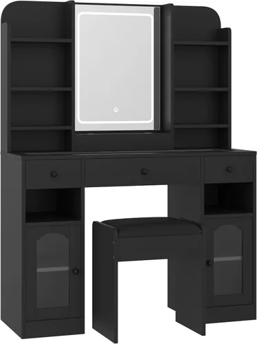 Vista 7 de Escritorio de tocador de 43.2 pulgadas con iluminación controlada por aplicación, tocador de maquillaje con espejo LED y luces RGB iluminadas Negro