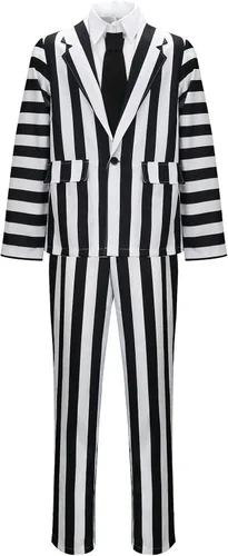 Vista 2 de Vikidoky Disfraz de rayas blancas y negras para hombre, abrigo y pantalones, chaleco de los años 80, película de miedo, Halloween, cosplay, fiesta