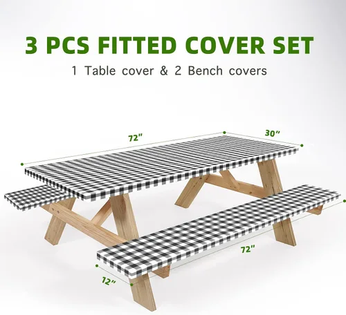 Vista 7 de UMINEUX Funda de mesa de picnic con fundas de banco, ropa de mesa ajustable para mesas rectangulares de 6 pies, respaldo de franela de vinilo