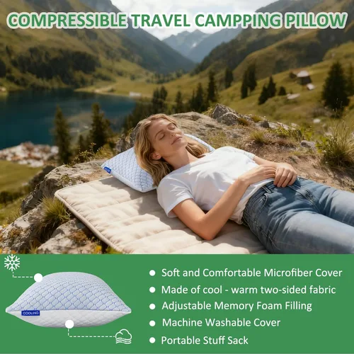 Vista 2 de Almohada de viaje – Paquete de 2 almohadas pequeñas comprimibles para acampar para dormir, almohada de espuma viscoelástica triturada con bolsa