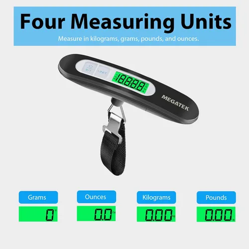 Vista 4 de MEGATEK Báscula digital portátil para equipaje, báscula de pesaje de maleta de viaje de mano con panel de acero inoxidable, pantalla LCD