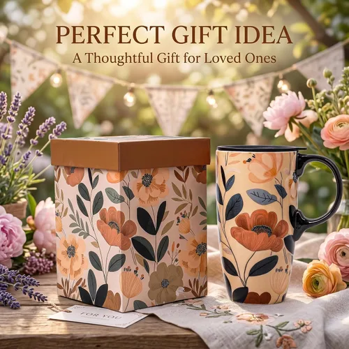 Vista 8 de Topadorn Taza de viaje de cerámica de 17 onzas con tapa y asa, taza de café floral bohemio, taza de porcelana apta para microondas y lavavajillas
