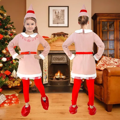 Vista 5 de Disfraz de elfo para niñas, disfraz de elfo de Navidad rosa, para fiestas de Navidad y cosplay