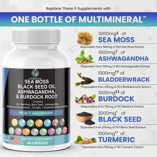 Vista 2 de Musgo marino 3000 mg Aceite de semilla negra 2000 mg Ashwagandha 1000 mg cúrcuma 1000 mg vejiga 1000 mg bardana 1000 mg y vitamina C y D3 con saúco