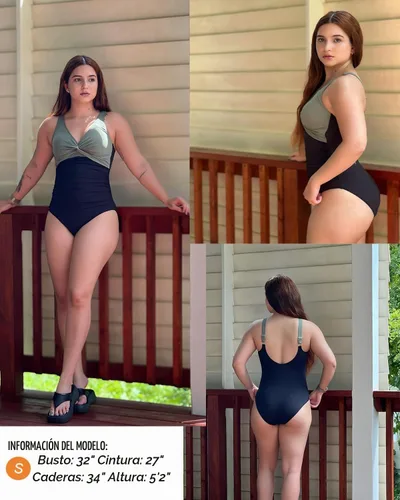 Vista 5 de Traje de baño de una pieza con control de abdomen para mujer Verde y negro