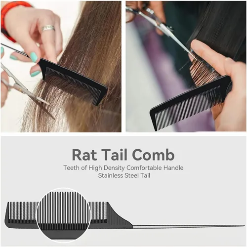 Vista 4 de Peine profesional para peluquería de dientes finos y anchos, de fibra de carbono, resistente al calor, con cola de acero inoxidable, para trenzar