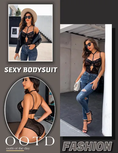 Vista 6 de Avidlove Lencería para mujer con encaje floral a presión en la entrepierna, body de una pieza