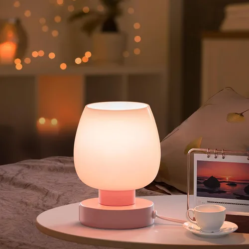 Vista 4 de Lámpara de Mesa de Noche Táctil - Lámpara Pequeña Rosa para Dormitorio con Puertos de Carga USB C+A, Regulable de 3 Niveles, Lámpara de Escritorio