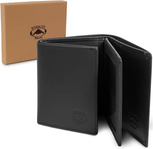 Vista 8 de Stealth Mode cartera de cuero RFID plegable para hombres con soporte para identificación abatible, Negro, Talla única