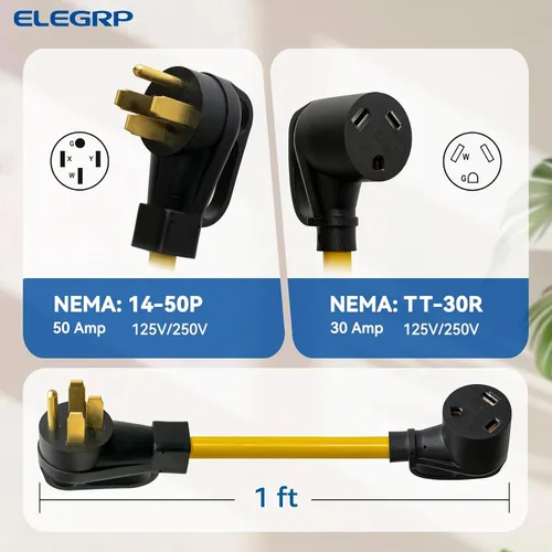 Vista 2 de ELEGRP Cable adaptador RV de 50 amperios a 30 amperios, NEMA 14-50P macho a TT-30R hembra, convertidor eléctrico de Dogbone de alta resistencia