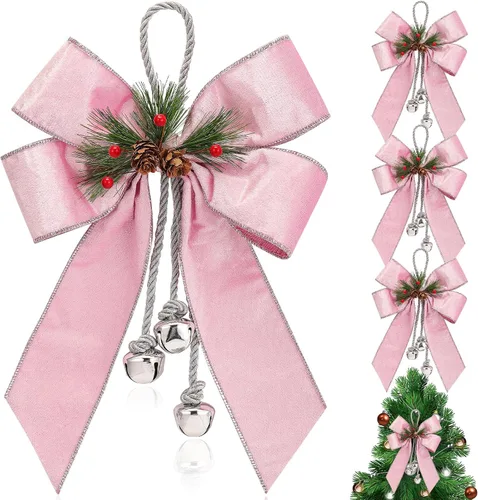 Vista 8 de Yinkin Corona de Árbol de Navidad Lazo Lazos de Cinta de Navidad con Campanas 11 x 7.8 pulgadas Terciopelo Cono de Pino Lazo Adornos Colgantes