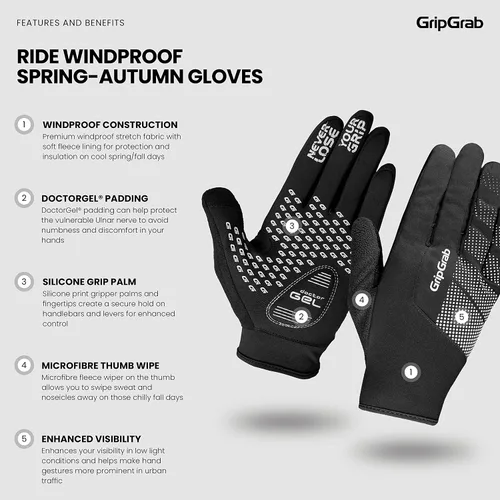 Vista 2 de GripGrab Guantes de bicicleta acolchados de gel para primavera y otoño, resistentes al viento, guantes de ciclismo térmicos para clima frío, guantes