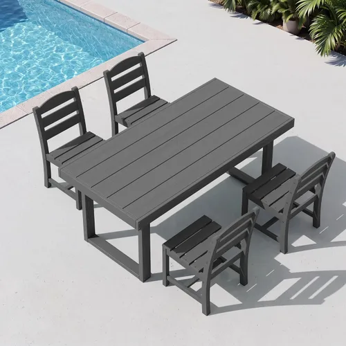 Vista 26 de SERWALL HDPE - Juego de comedor al aire libre para 4, 67 pulgadas, para todo tipo de clima, mesa de comedor y sillas sin brazos para terraza Negro