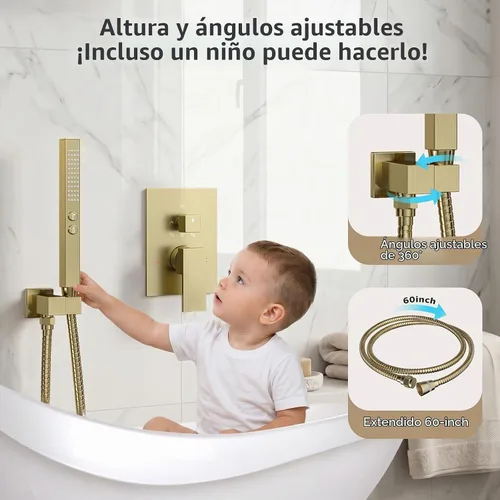 Vista 5 de Sistema de ducha dorado cepillado, grifo de ducha de cinco funciones, perilla desviadora de lluvia con 2 en 1 de mano, montaje de techo de 10