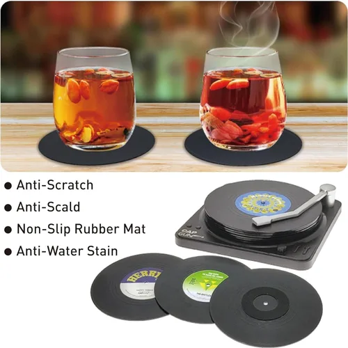 Vista 4 de Divertidos posavasos retro para bebidas de café con soporte para reproductor de vinilo, juego de 6 posavasos personalizados únicos para inauguración