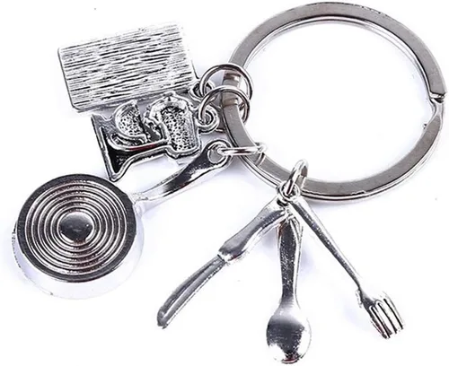 Vista 3 de SaiDian Llavero creativo para hornear de chef, llavero de huevo, cubertería, cuchara, cuchillo, tenedor, libro de cocinero, colgante, llavero