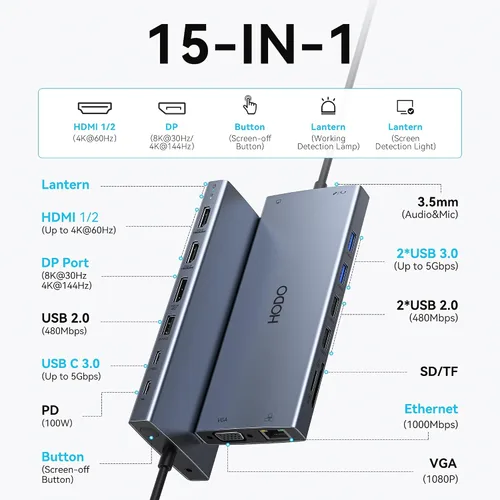 Vista 2 de Estación de acoplamiento USB C con monitor dual para Dell HP, estación de acoplamiento para portátil con 3 monitores, Hub USB C de 15 en 1 con Dock