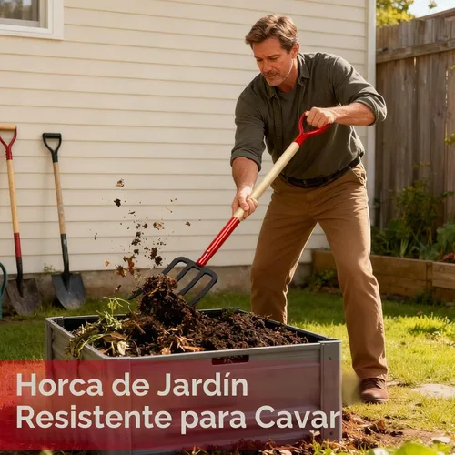 Vista 3 de Tenedor de jardín resistente para excavar, tenedor de 4 dientes para abono de jardinería, tenedor de jardín con mango de madera, 45 pulgadas