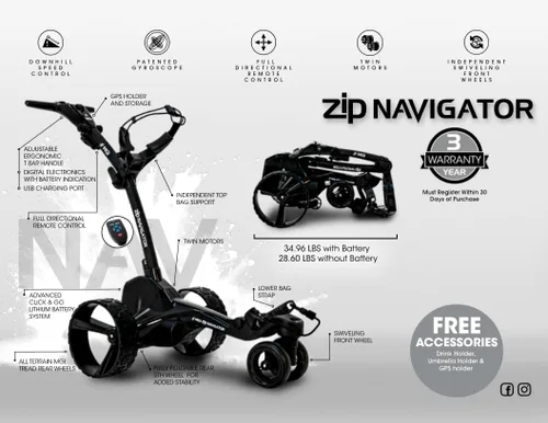 Vista 2 de MGI Zip Navigator Electric Golf Cart - 36 Hole Battery - Remote Control - (Drink, Umbrella, & GPS Phone)