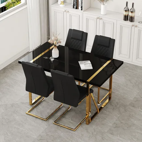 Vista 2 de Juego de mesa de comedor moderna de 55 pulgadas para 4, mesa de comedor negra y marco de metal dorado, mesa de comedor rectangular con 4 sillas