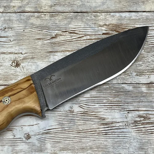 Vista 6 de Cuchillo de caza con mango de madera personalizado y funda de cuero para regalo, mango de oliva Bohler N690 Bushcraft