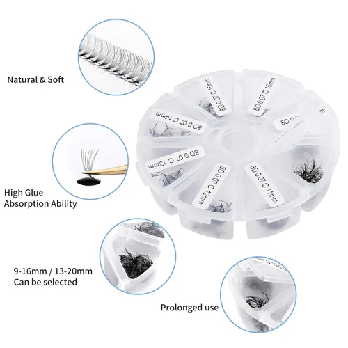 Vista 10 de Extensiones de pestañas de 1200 fans, prefabricadas, con volumen, 9-20mm, bandeja mixta, 20D, con punta en C, base puntiaguda, extensiones