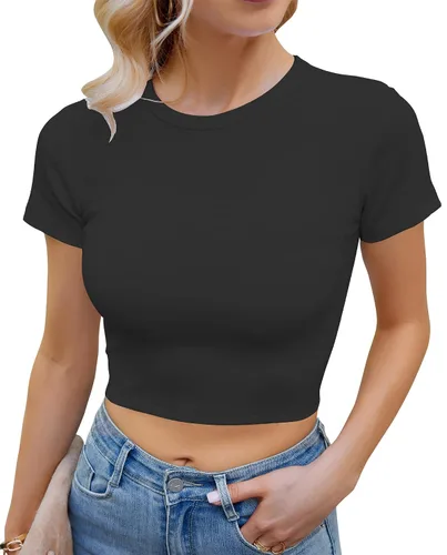 Vista 5 de Artfish Camiseta básica para mujer, cuello redondo, manga corta, ajustada, casual, para entrenamiento