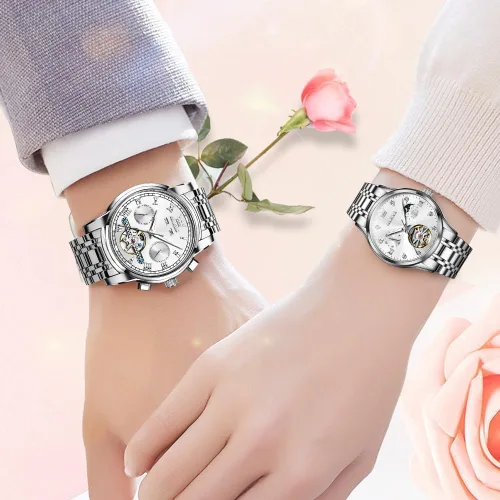 Vista 2 de OLEVS Relojes de pareja para hombres y mujeres, reloj automático para él y ella, tono de remolque, de acero inoxidable, impermeable, luminoso