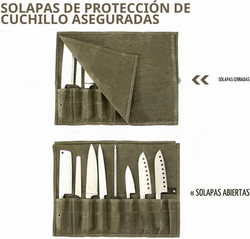 Vista 2 de Estuche para cuchillos de lona, bolsa de 9 cuchillos de bolsillo, Portavasos para cubiertos, Verde militar
