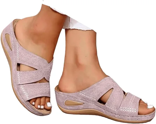 Vista 10 de Sandalias ortopédicas para mujer, plataforma elegante, tacón de cuña, sin cordones, puntera abierta, sandalias ortopédicas casuales de verano