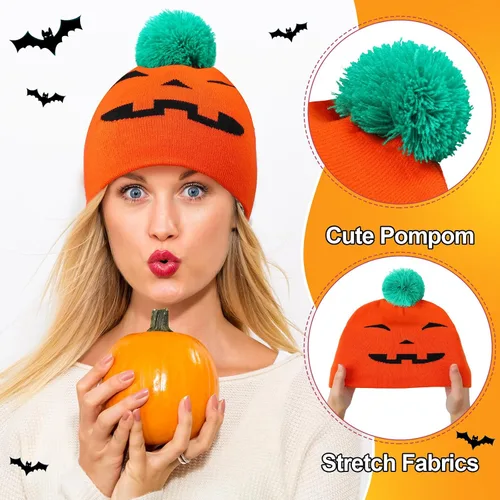 Vista 3 de 6 gorros de Halloween con patrón de fantasma, gorro de punto cálido y elástico de invierno para hombres y mujeres adultos, regalos de Halloween