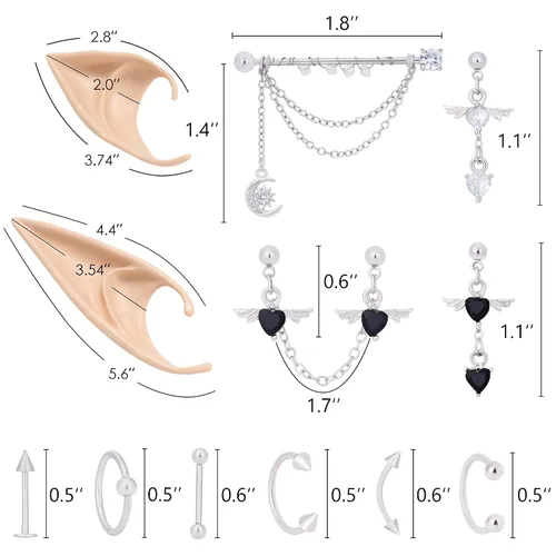 Vista 6 de FRESHME Juego de orejas de elfo Pixie con piercings para cosplay, orejas de elfo puntiagudas y cadenas de ángel negro, aretes de orejas de elfo