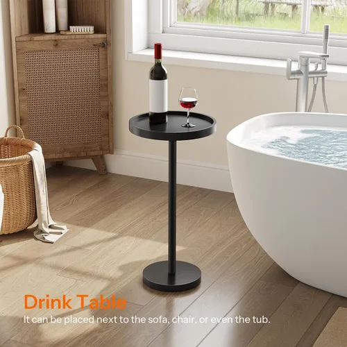 Vista 2 de HOOBRO Mesa auxiliar redonda pequeña, mesa de bebidas de bambú, mesa de café Martini con acento de pedestal para espacios pequeños en sala de estar