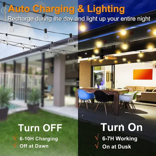Vista 4 de Guirnalda de luces solares para exteriores, impermeables, luces solares de 48 pies para patio con bombillas Edison inastillables, luces solares