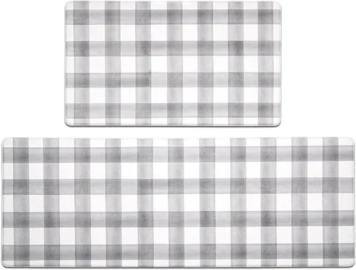 Vista 11 de FRESHMINT Juego de 2 piezas de alfombrillas de cocina estilo granja moderna con cuadros antifatiga para piso, impermeables y antideslizantes Beige