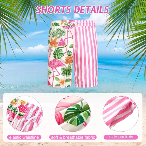 Vista 7 de Harloon Conjunto de 4 piezas de camisa hawaiana y pantalón corto para hombre, traje turístico de playa, flamenco, traje tropical, traje de cubo