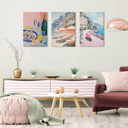 Vista 3 de HNNXAR Amalfi Coast - Lienzo decorativo para pared, pintura italiana de playa, pintura artística italiana, fruta, champán, juego de 3, decoración