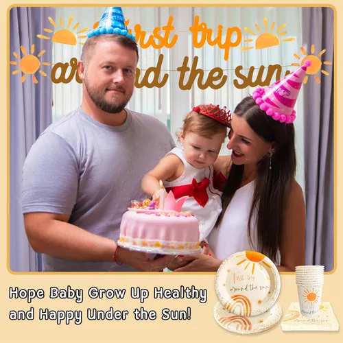 Vista 3 de Decoraciones de cumpleaños de primer viaje alrededor del sol – Decoraciones de primer cumpleaños de arco iris para niñas y niños, platos