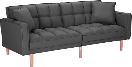 Vista 3 de Sofá cama futón convertible, moderno sofá cama plegable tapizado de lino con dos almohadas, sofá cama de 75 pulgadas para sala de estar, dormitorio