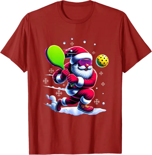 Vista 53 de Pickle Ball Navidad Santa Deporte Jugador Padel Raqueta Snow Camiseta Negro
