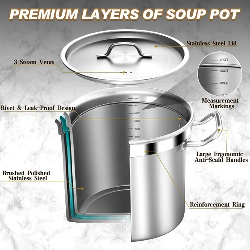 Vista 2 de Olla Grande de Caldo - Olla de Caldo de Acero Inoxidable de 40 Cuartos con Tapa, Olla de Sopa de Grado Comercial de Fondo Tri-Capa de Servicio
