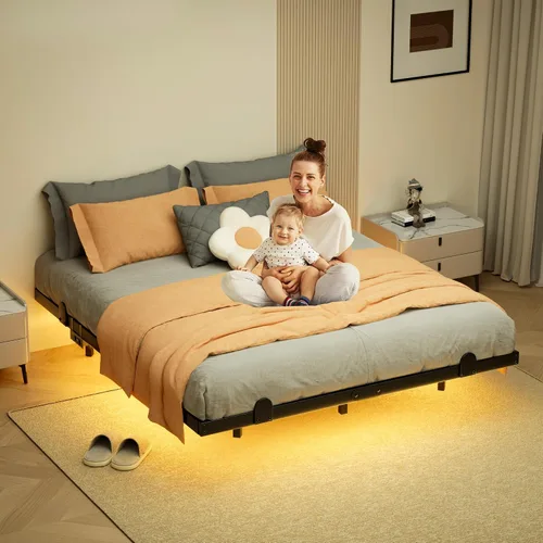Vista 8 de LUKIROYAL Marco de cama flotante con luces LED inteligentes y estación de carga, marco de cama flotante de tamaño completo de 7 pulgadas con luces