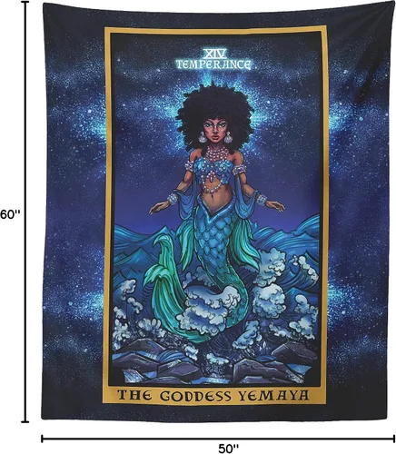 Vista 10 de Tapiz de cartas del tarot de la diosa Yemaya Temperance, sirena africana Yoruba, diosa pagana, bruja pagana, decoración del hogar (60 x 50 pulgadas)